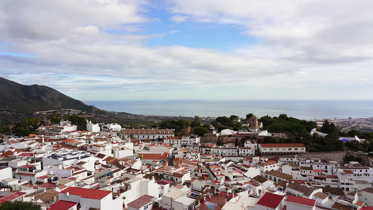 Aerial View of a White Village on the Mediterranean Coast in Spain