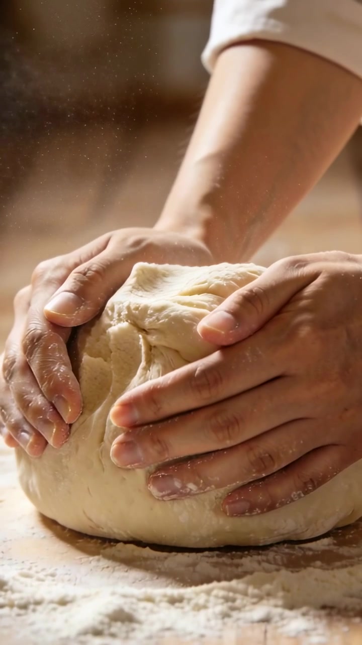 Vertical video: Pressing hands folding, kneading dough on floured counter to shape, sleeves rolled