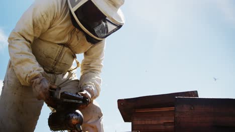 beekeeper smoking the bees away from hive