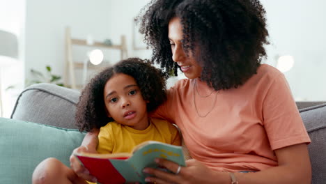 Mother,-child-and-reading-book-on-sofa-in-home