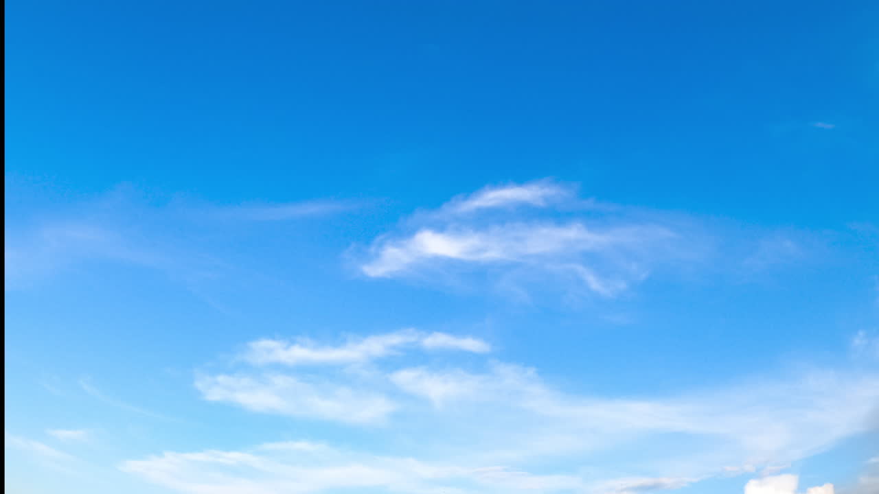 Amazing azure horizon with tiny threads of clouds. Summer day sky from low angle view. Timelapse.