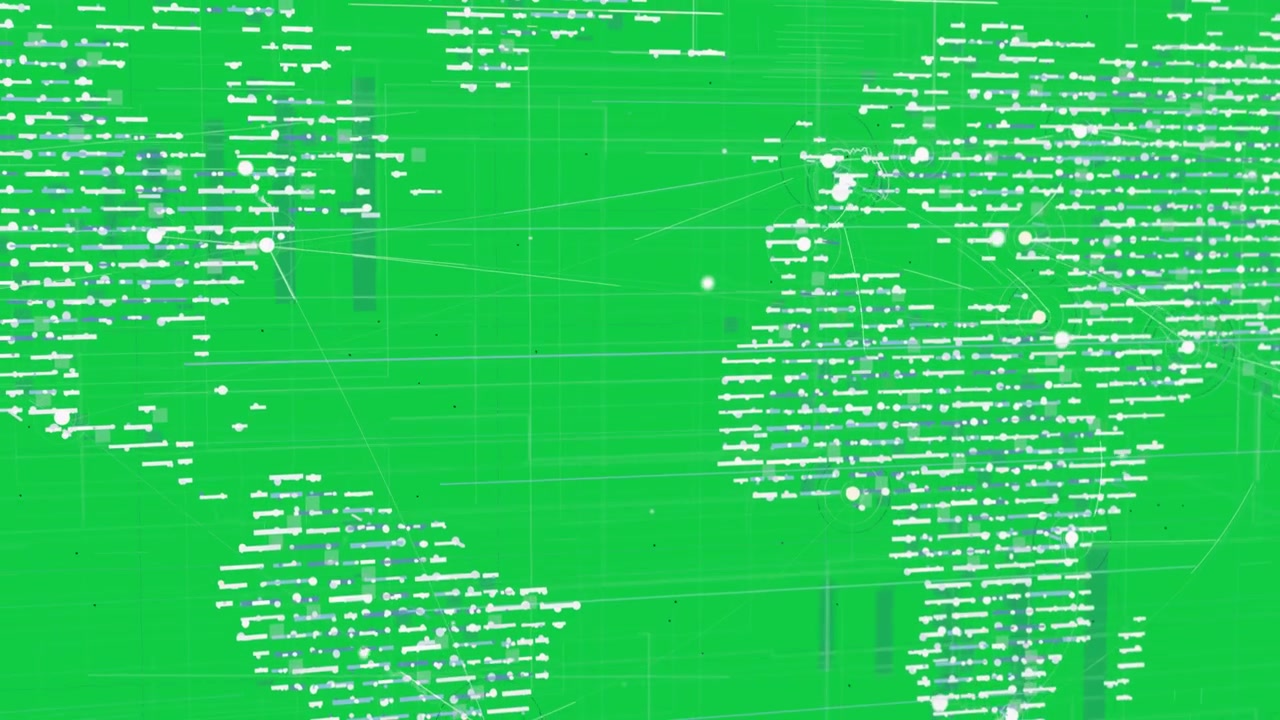 Camera panning starting wireframe map shifting, nodes pulsing, showing links on transparent bg
