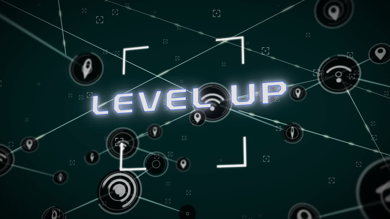 검은색 바탕에 레벨 업 텍스트와 연결 네트워크의 애니메이션