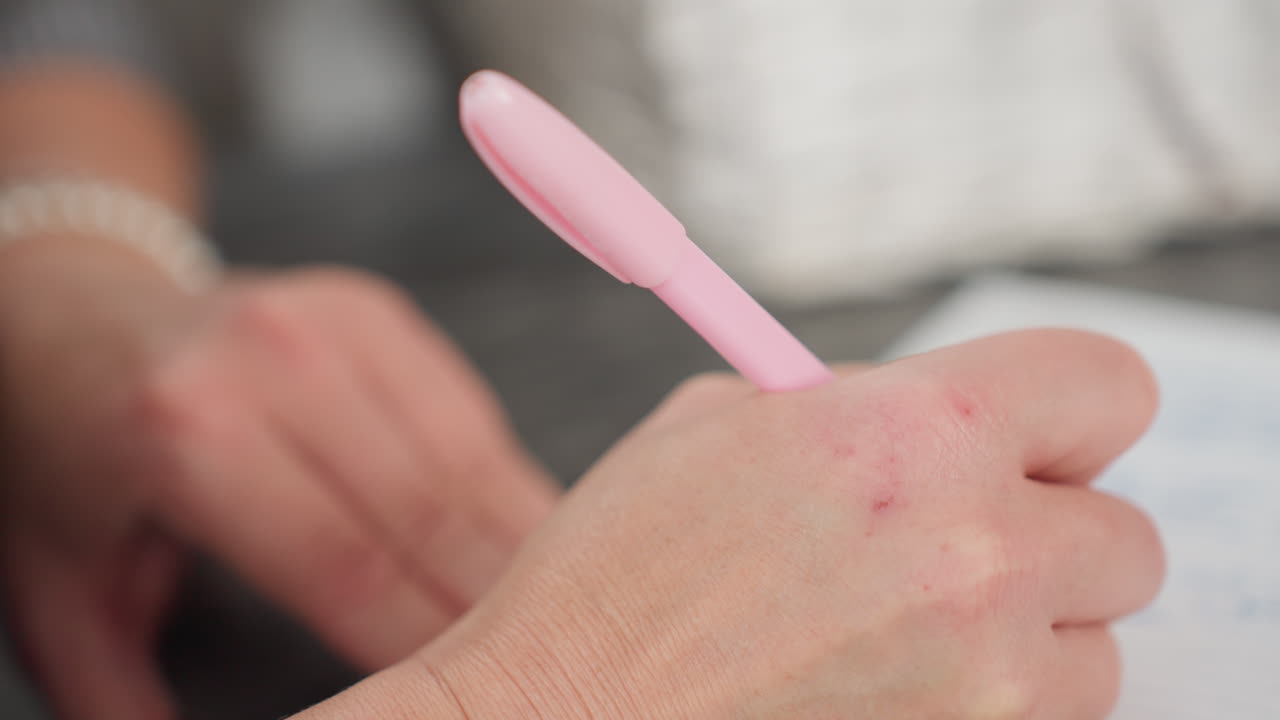 Close up of white person taking notes with pink pen on paper, soft blur background, capturing detailed hand movements, writing process, and quiet focused atmosphere