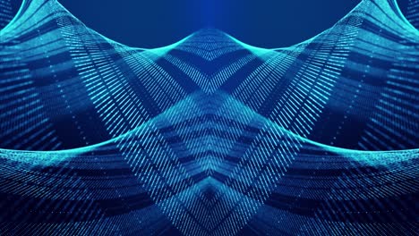 sci-fi abstract theme with particle waves. 4k looped abstract blue background of glow particles form curved lines, surfaces simmetrical structures. digital background with particle hologram.