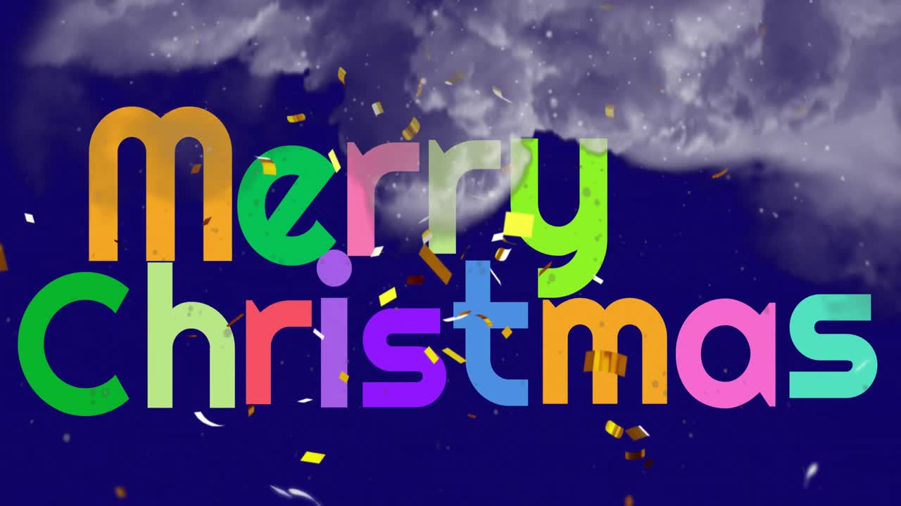 animación de felicitaciones de navidad texto sobre paisaje de invierno con nubes