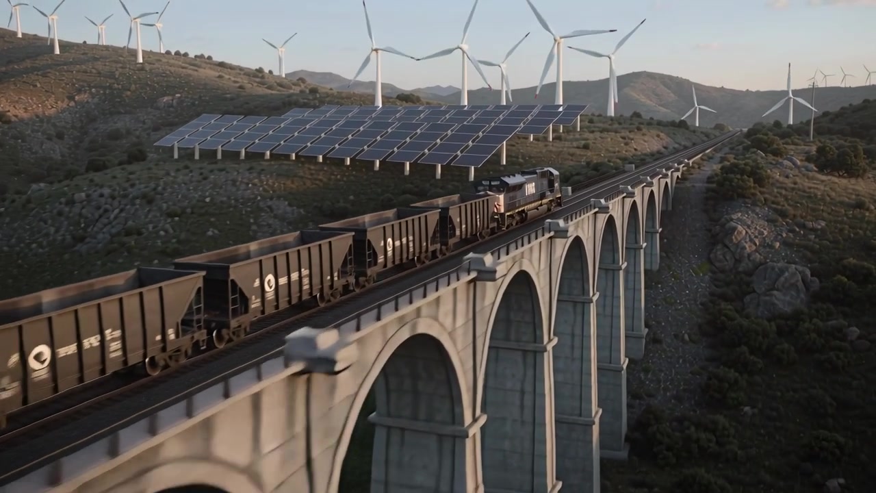 Locomotiva de carga passando pelo viaduto, drone subindo e revelando uma fazenda solar