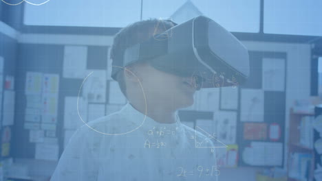 animation of mathematical formulas over schoolboy using vr headset