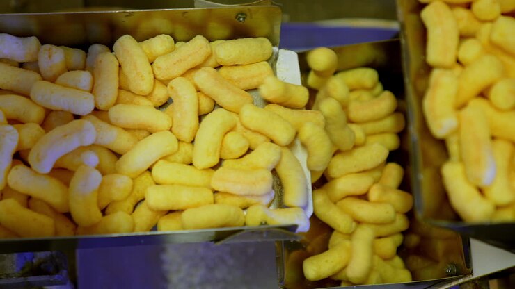 Metal boxes at conveyor belt being filled with sweet snacks. Production on maize crispy sticks at modern food plant. Close up.