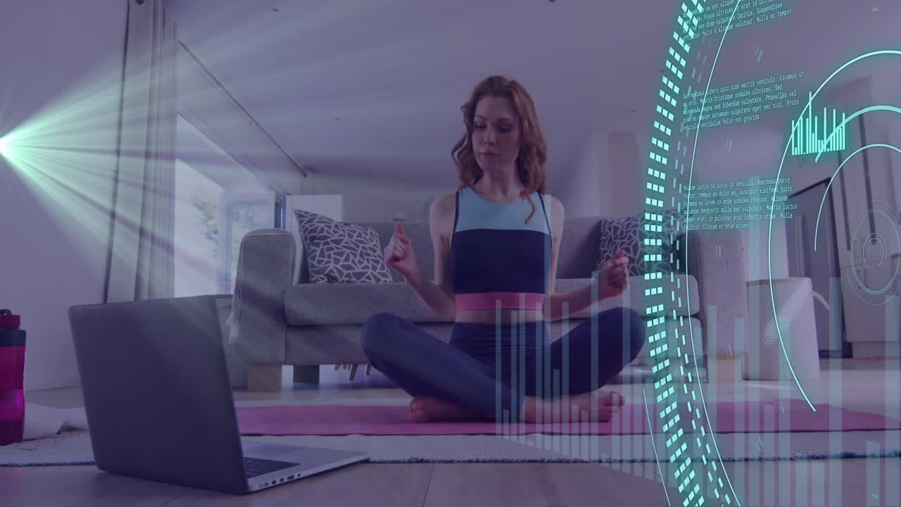 Animation of data processing over caucasian woman, exercising using laptop