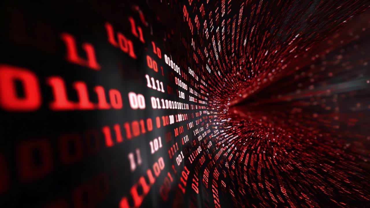 Visual Representation of Digital Data Flow Featuring Streams of Binary Code in Red Against a Dark Background, Illustrating the Concept of Technology and Data Transmission