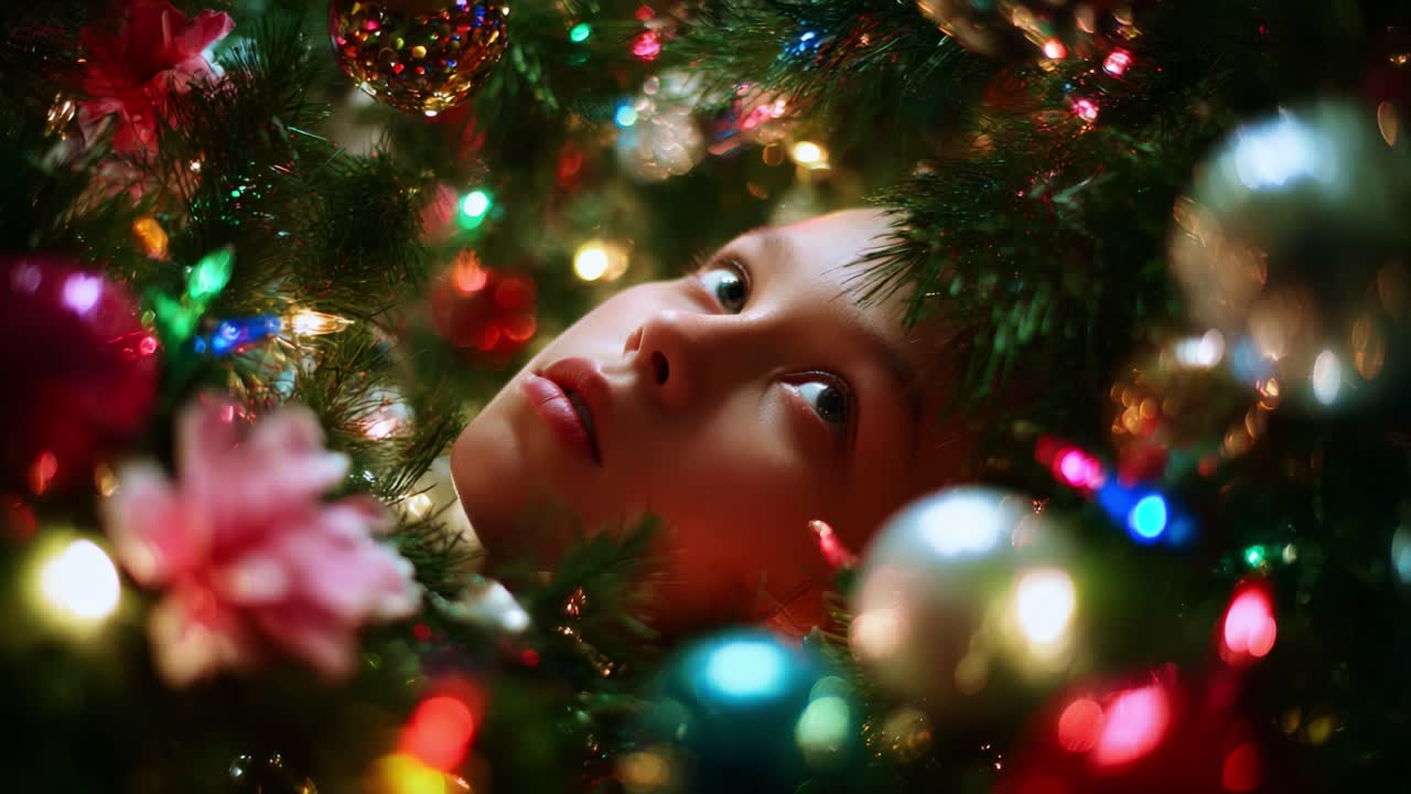 A child peeks through the vibrant decorations of a Christmas tree, surrounded by colorful ornaments and twinkling lights, conveying the joyful spirit of the holiday season