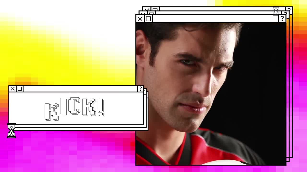 animación de patada en texto blanco en una ventana apilada, con un hombre sosteniendo una pelota de fútbol, en amarillo y rosa