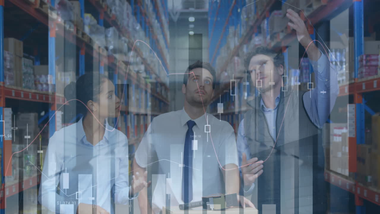 Animation of statistics and financial data processing over men and woman working in warehouse