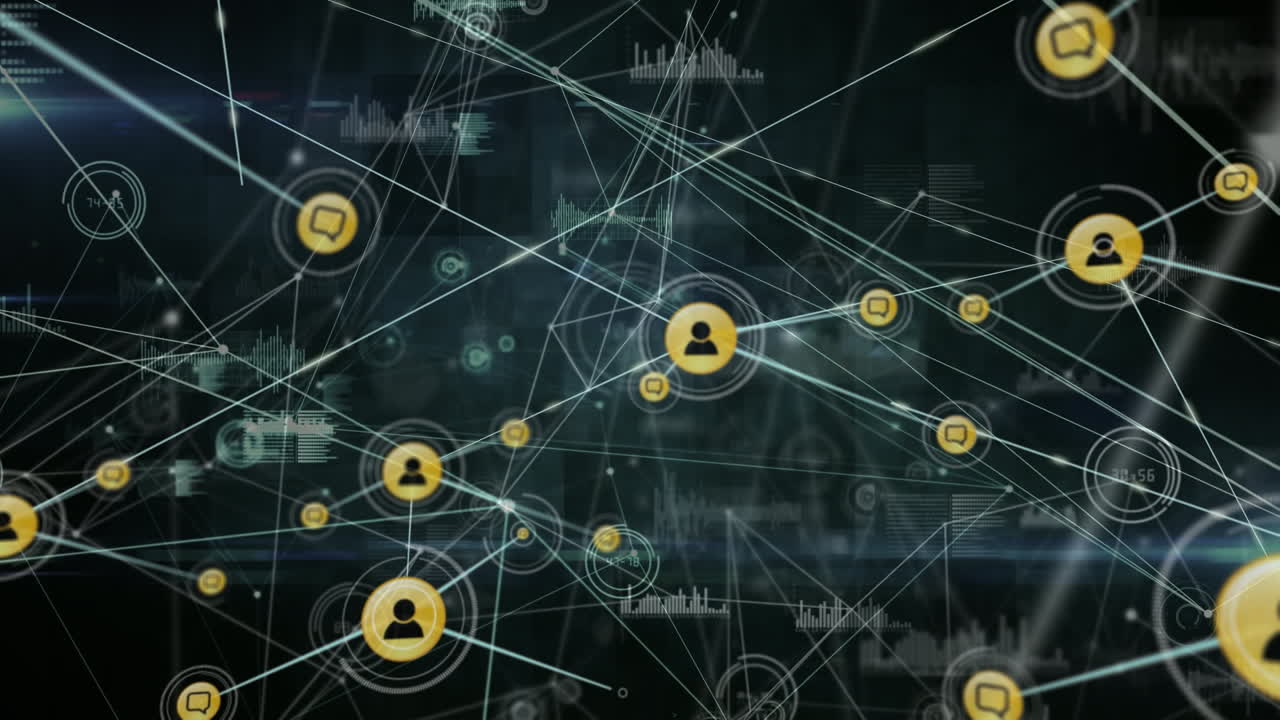 animación de una creciente red de personas naranjas e iconos de burbujas de habla que transfieren datos