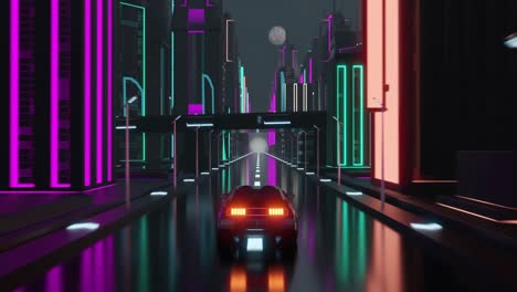 Animation-of-car-driving-in-neon-lit-city-at-night-background