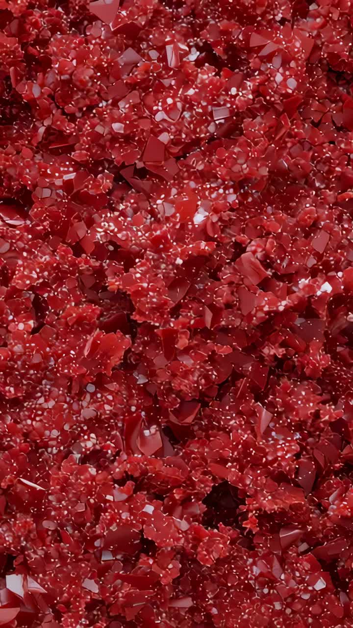 Vertical video: Moving camera revealing shiny red shards in closeup to show white beads and shine