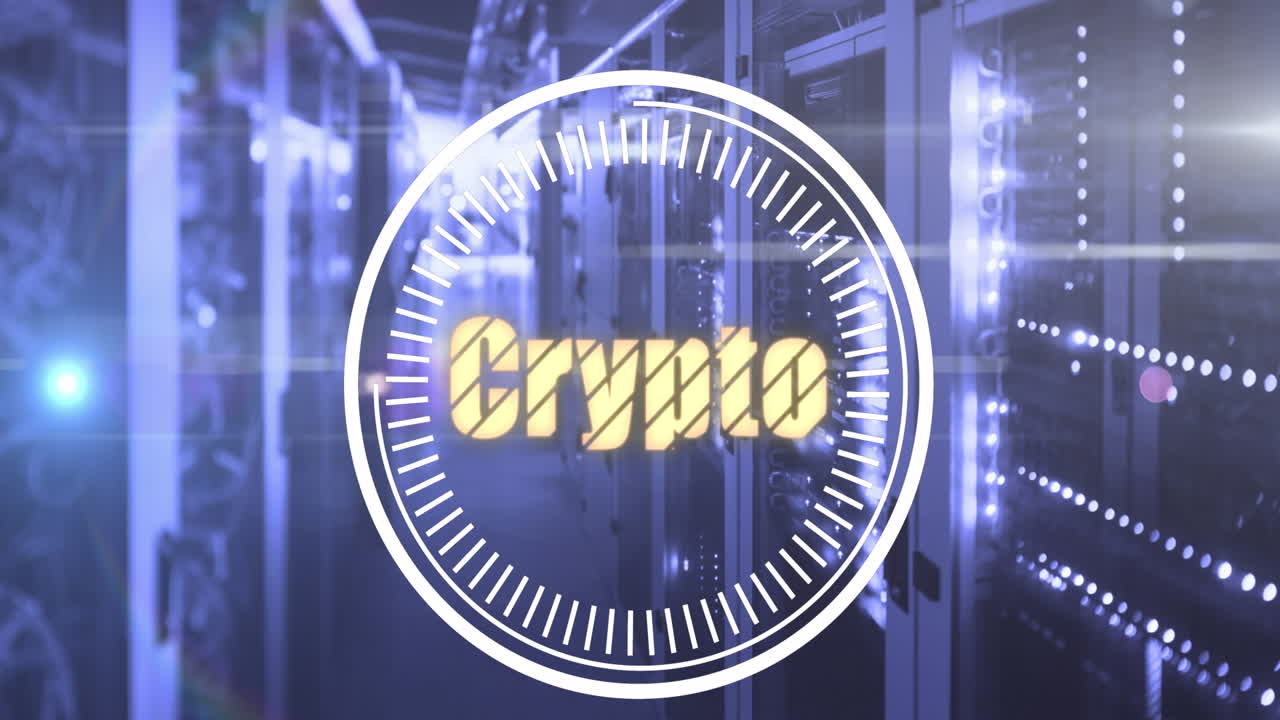 Animazione di criptovaluta in cerchio su luci e server