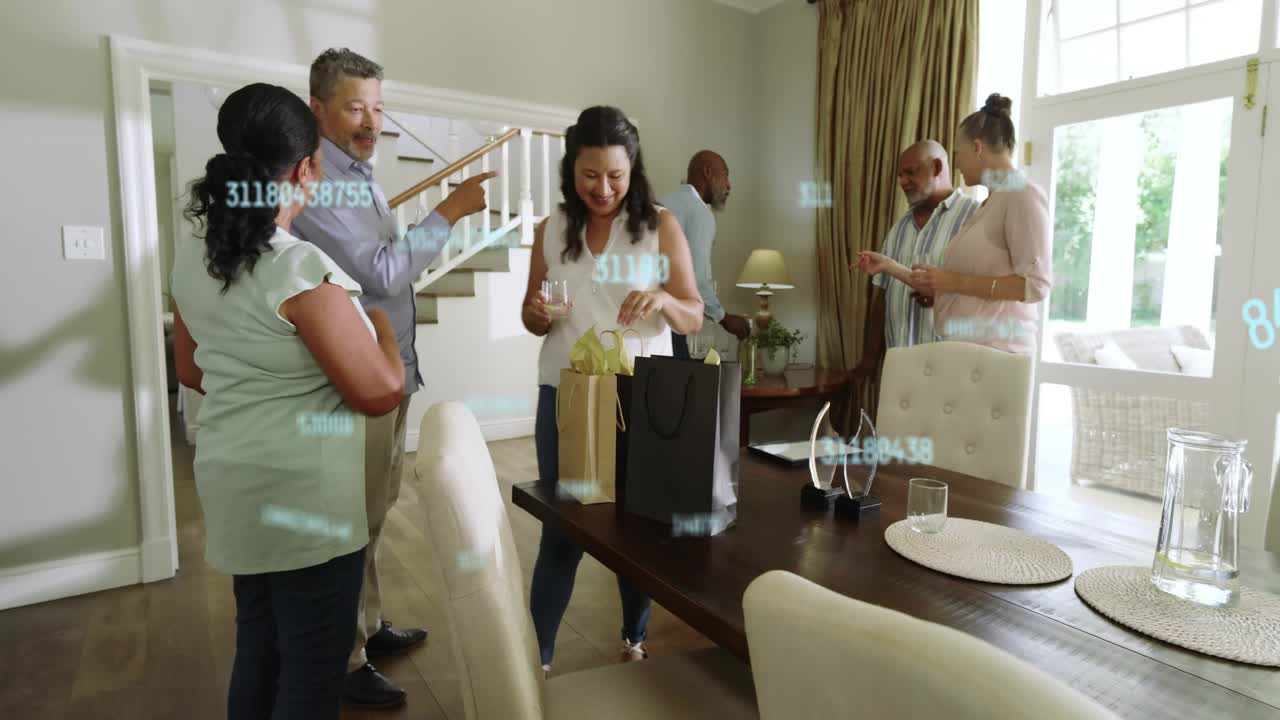 Woman reaching into bag, opening gift at party, group chatting at table, data overlaying marketing