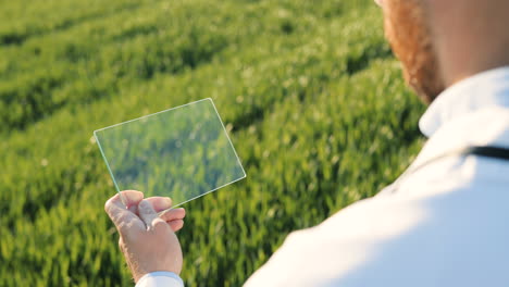 rear view of researcher man hands in gloves tapping on glass in the green field