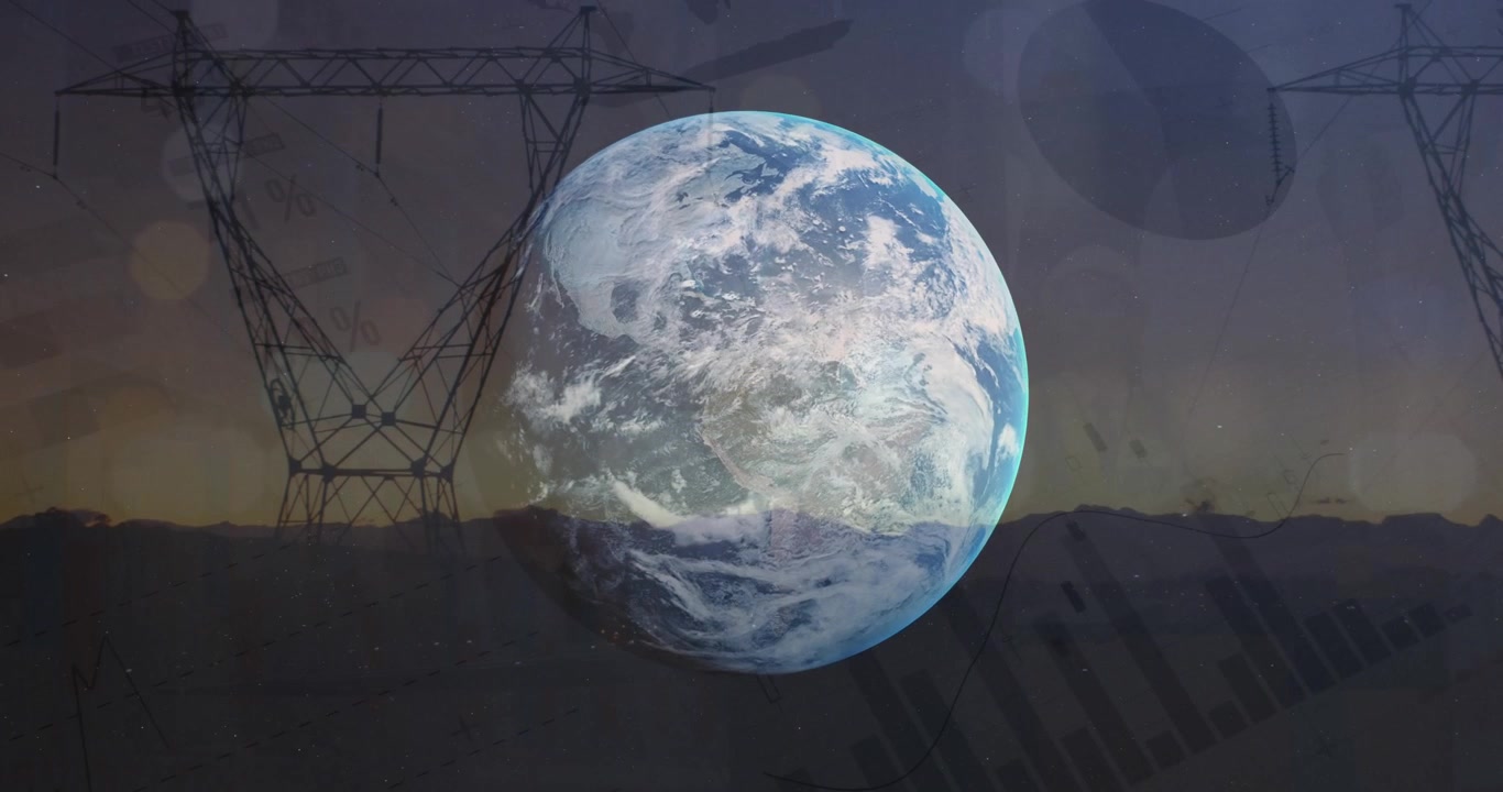 Animazione di elaborazione dati su piloni e globo