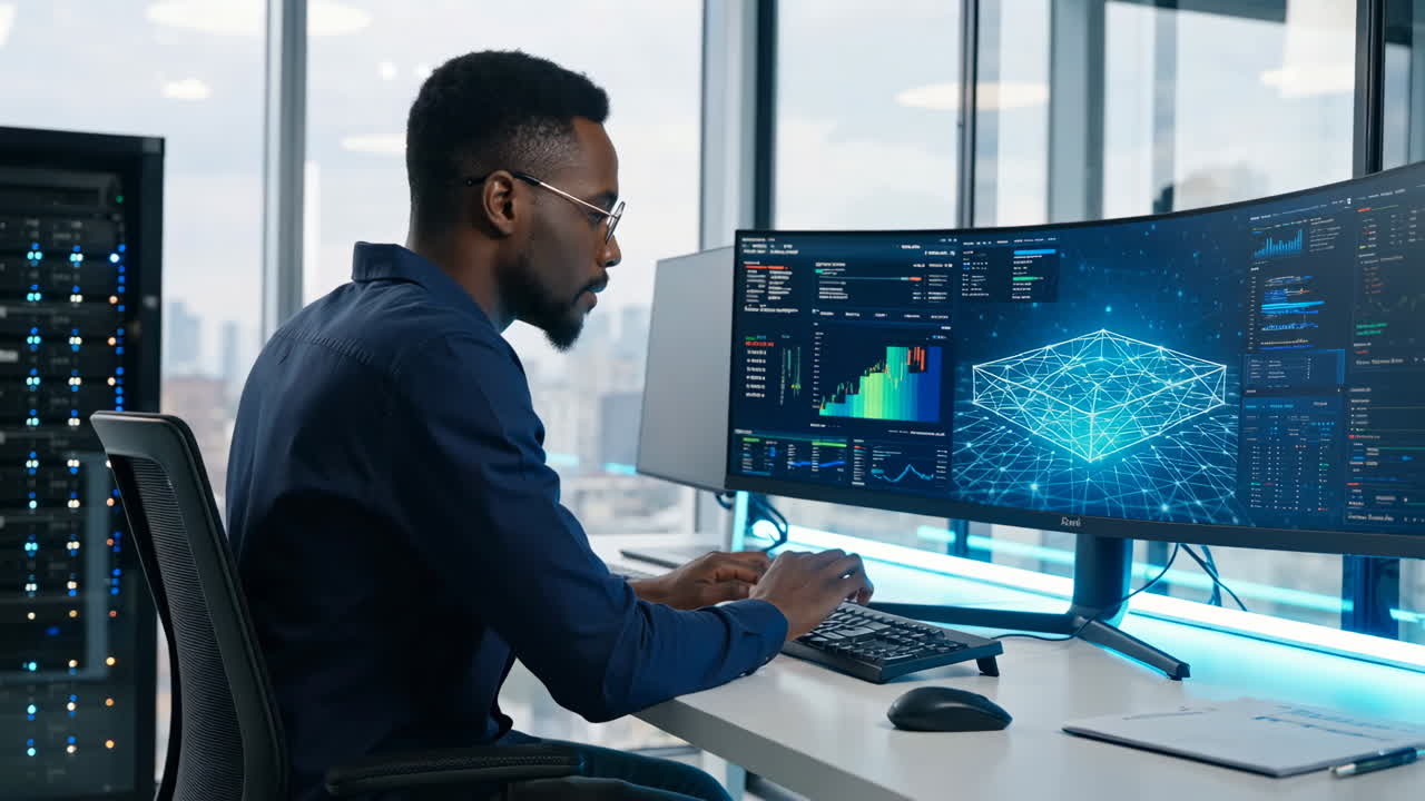 Man working on computer with data analytics display in a modern office