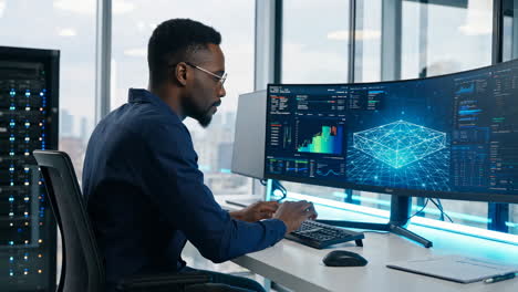 man working on computer with data analytics display in a modern office