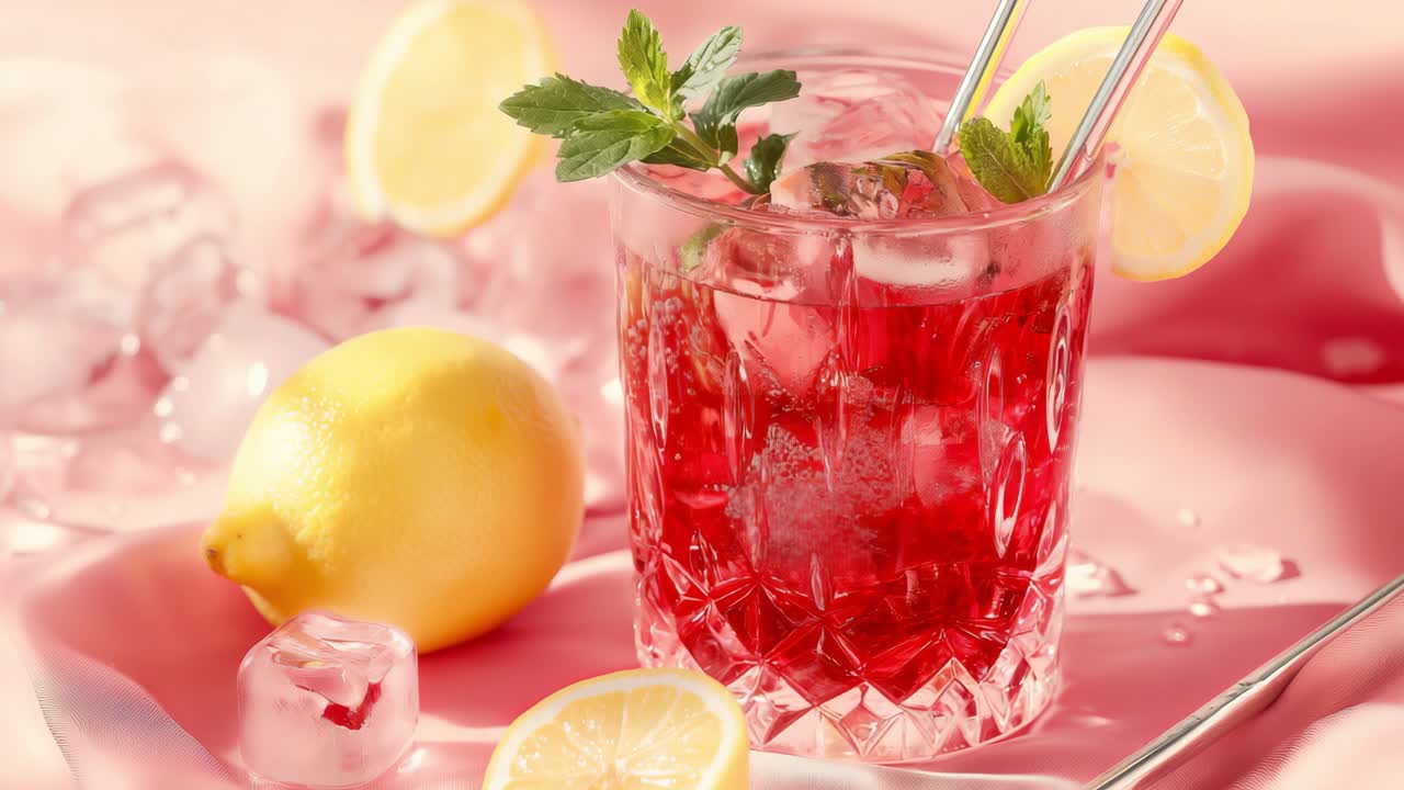Refreshing lemonade with ice, lemon and mint