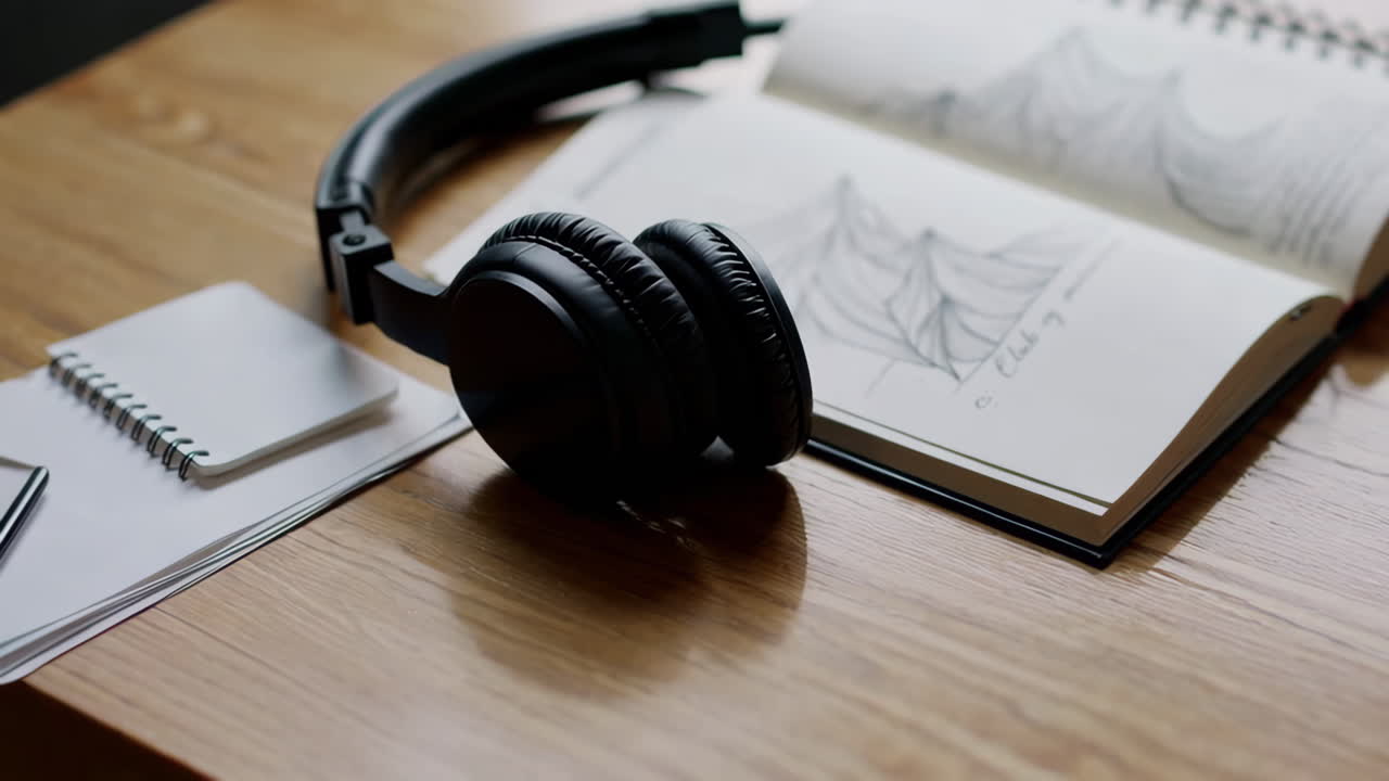 Headphones and Notebook with Mountain Drawing