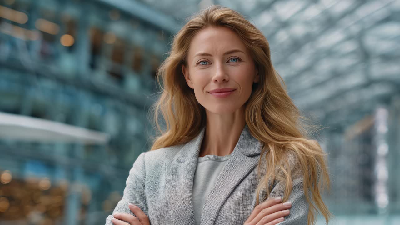 Sikker kvinde i professionel påklædning smiler elegant foran en moderne arkitektonisk baggrund