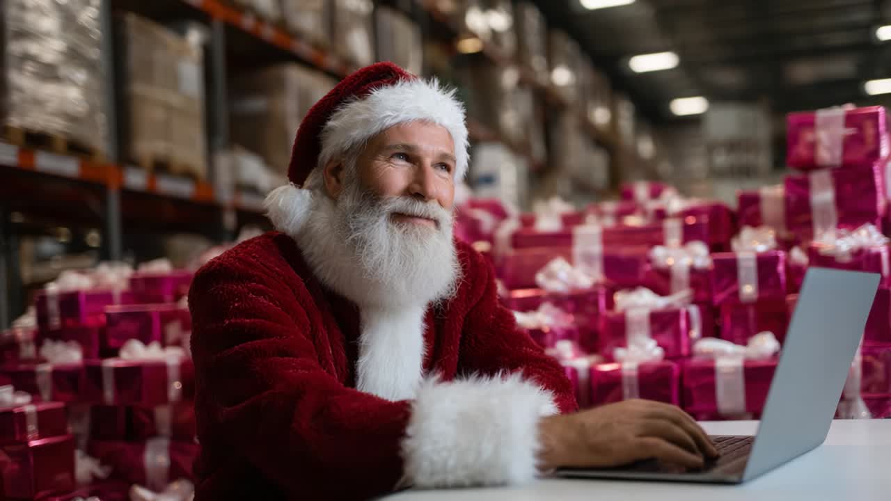 A jolly Santa Claus, surrounded by a sea of festive pink gifts, focuses intently on his laptop, showcasing a behind-the-scenes look at holiday preparations in a warehouse filled with seasonal cheer