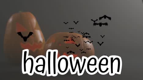 Banner-De-Texto-De-Halloween-Y-Múltiples-íconos-De-Murciélagos-Voladores-Sobre-Calabazas-De-Halloween-Contra-Fondo-Gris