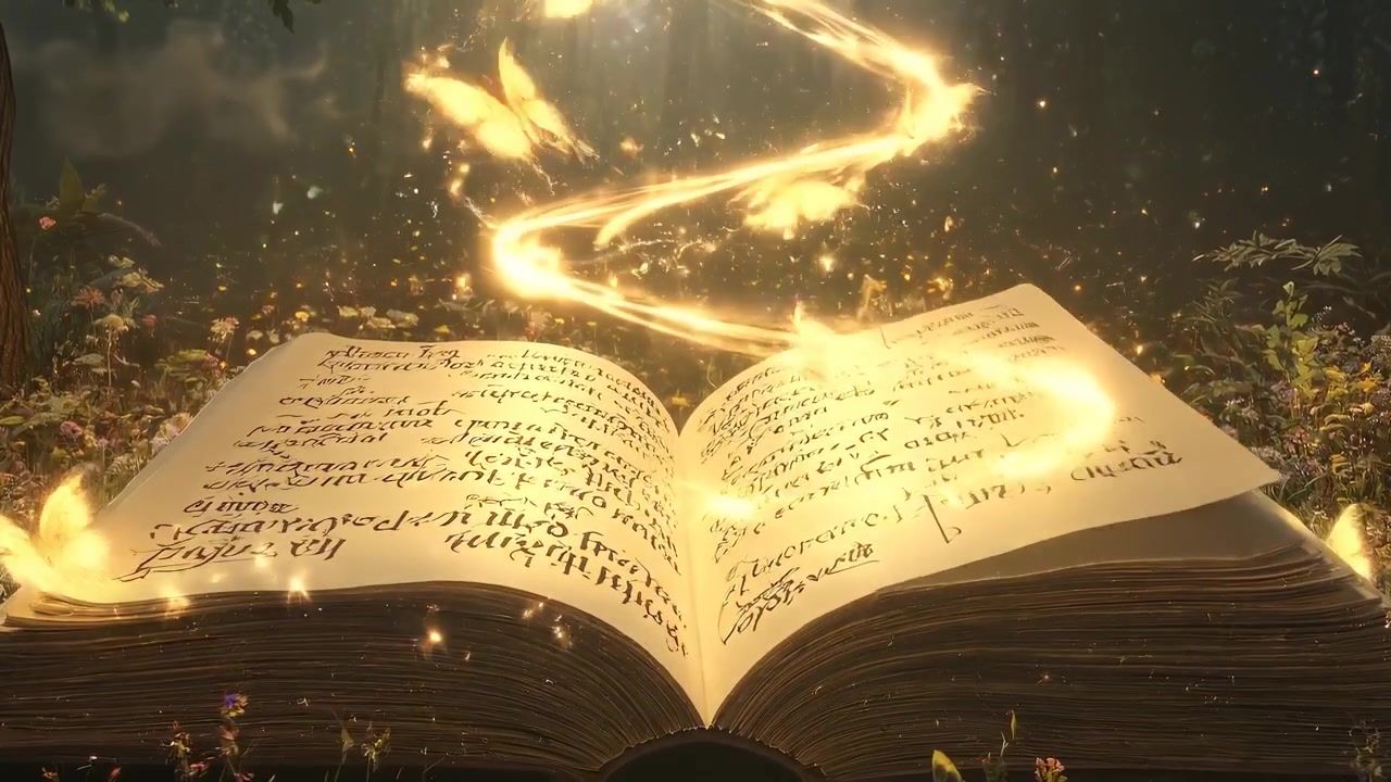 Волшебная открытая книга со светящимися страницами и бабочками в заколдованном лесу