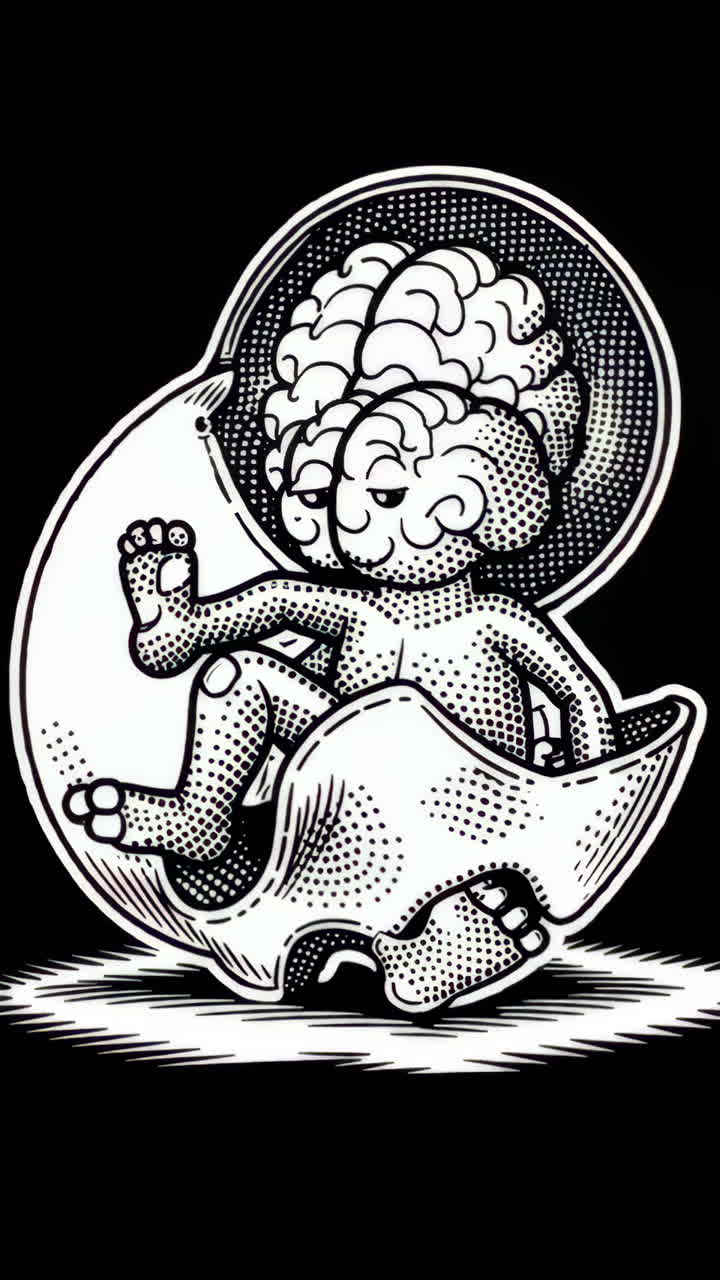 Conceptual Black and White Illustration of Brain and Fetus in Skull