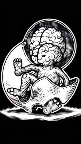 conceptual black and white illustration of brain and fetus in skull