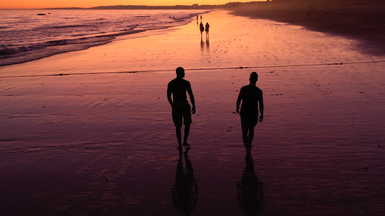 chicos caminando en una playa al atardecer 4k