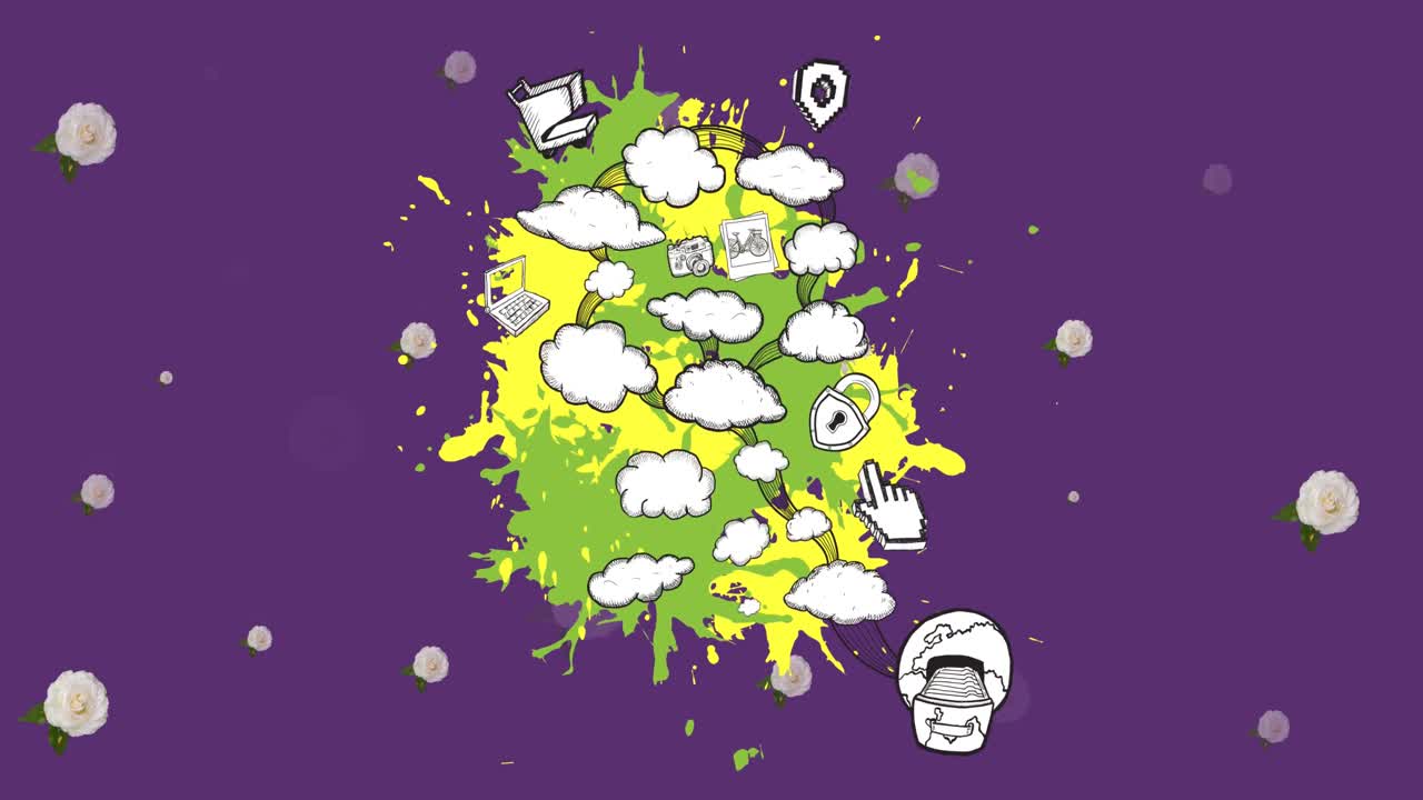 보라색 배경에 구름과 꽃 아이콘의 애니메이션