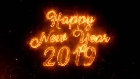 feliz año nuevo 2019 palabra ardiendo caliente en fuego realista llamas chispas y humo animación de bucle continuo sin problemas