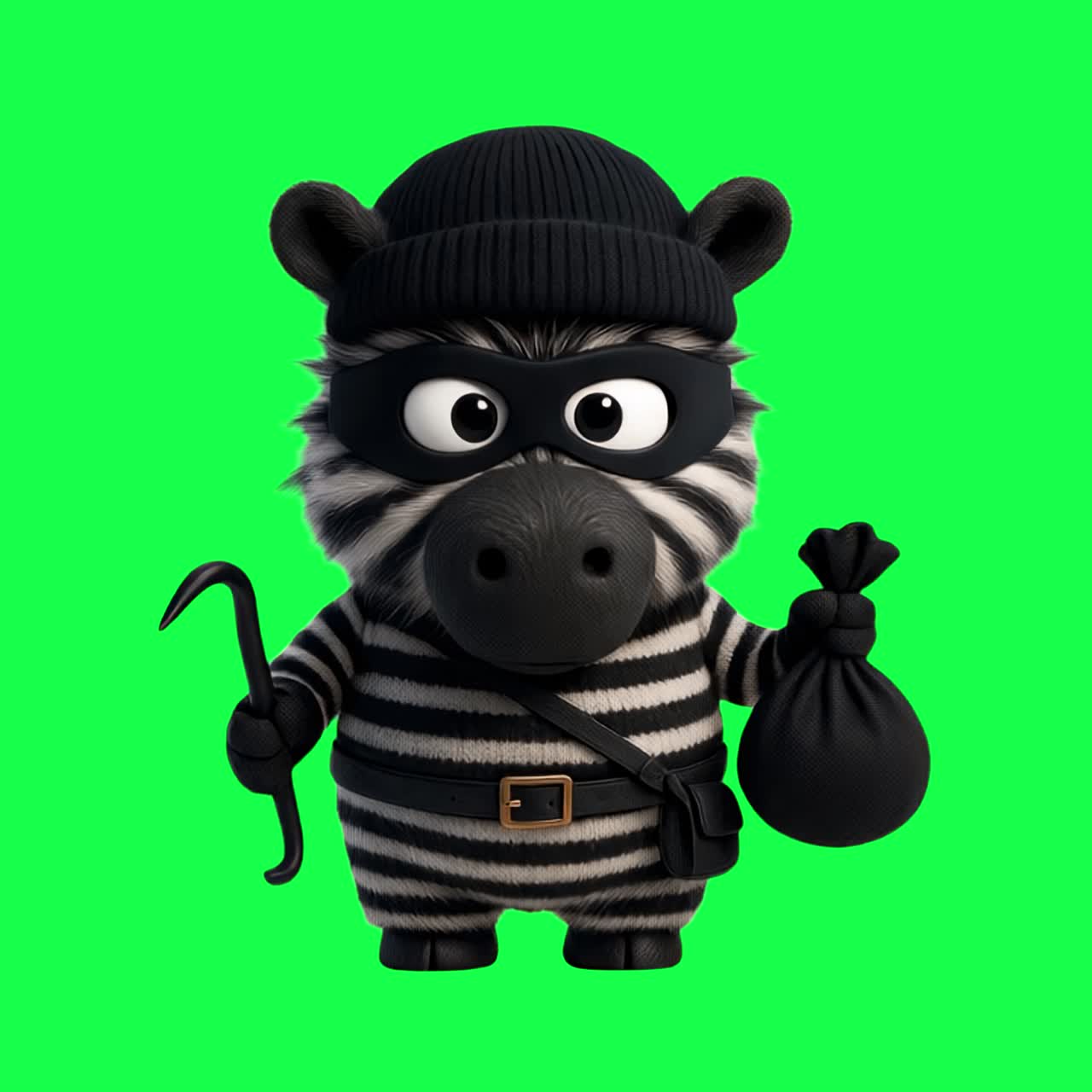 Cartoon zebra thief character animation, transparent 4K video, green screen