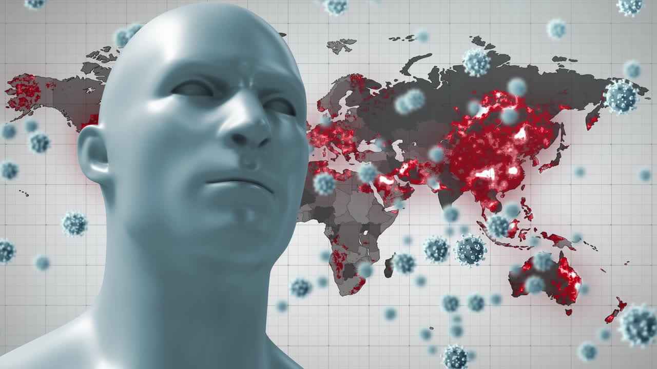 불타는 세계 지도 위에 떠다니는 바이러스 세포 위의 인간 얼굴의 애니메이션