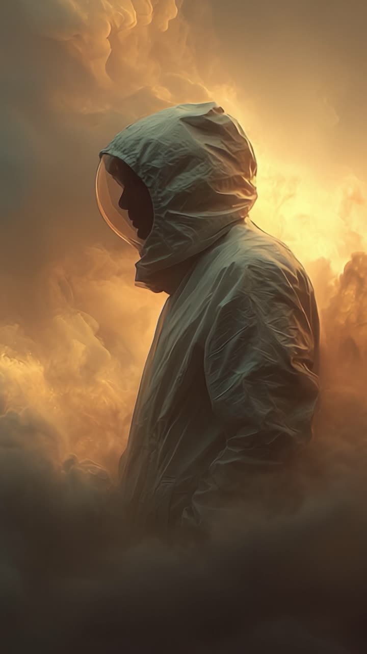 Una figura misteriosa avvolta in nuvole eteree, illuminata da una luce soffusa e brillante, catturata in due straordinarie inquadrature che esplorano il concetto di isolamento e meraviglia.
