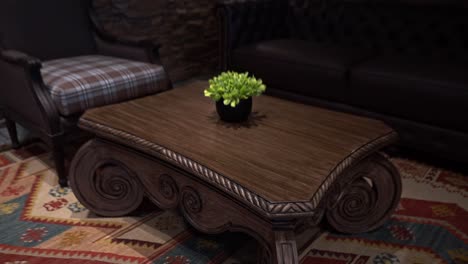 brickwall interior on the receiving area at hotel with stylish furniture illuminated by lamps. - pullback shot