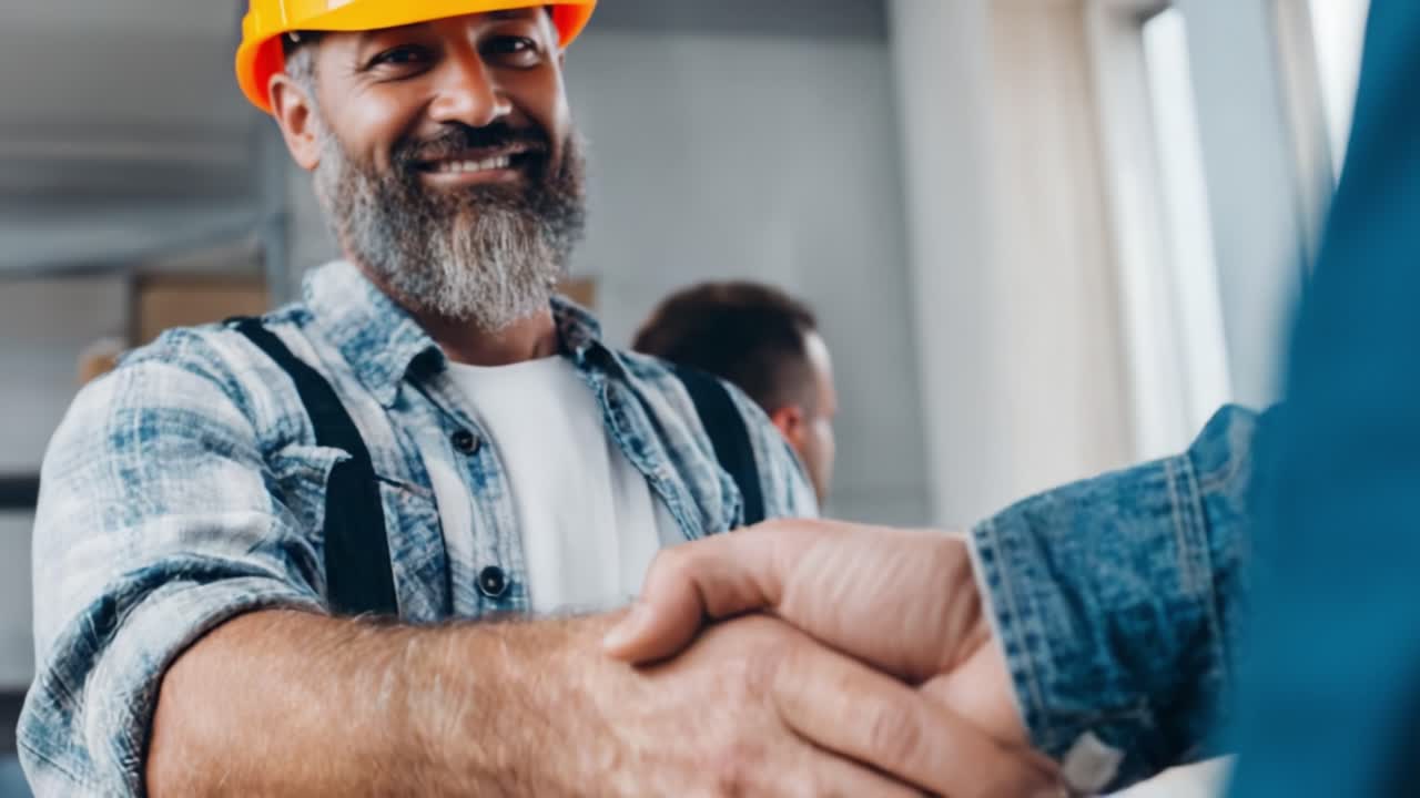 Una stretta di mano professionale che simboleggia partnership, collaborazione e fiducia tra due lavoratori qualificati in un ambiente di costruzione.