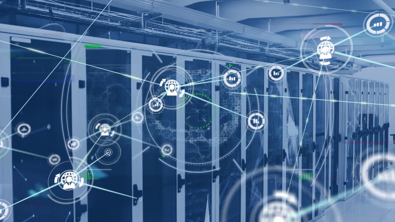 Animation of networks of connections with icons over computer servers
