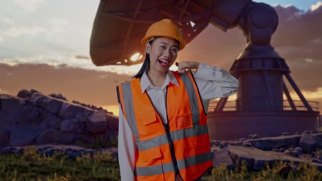 asian female engineer with safety helmet smiling to camera and making call me gesture while standing with large satellite dish