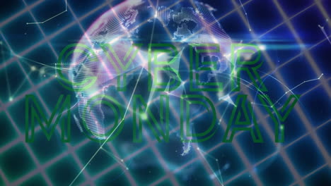 animation of cyber monday text, globe and network of connections over neon grid