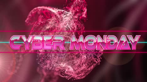 animation of cyber monday text banner against spots of light and digital wave on pink background