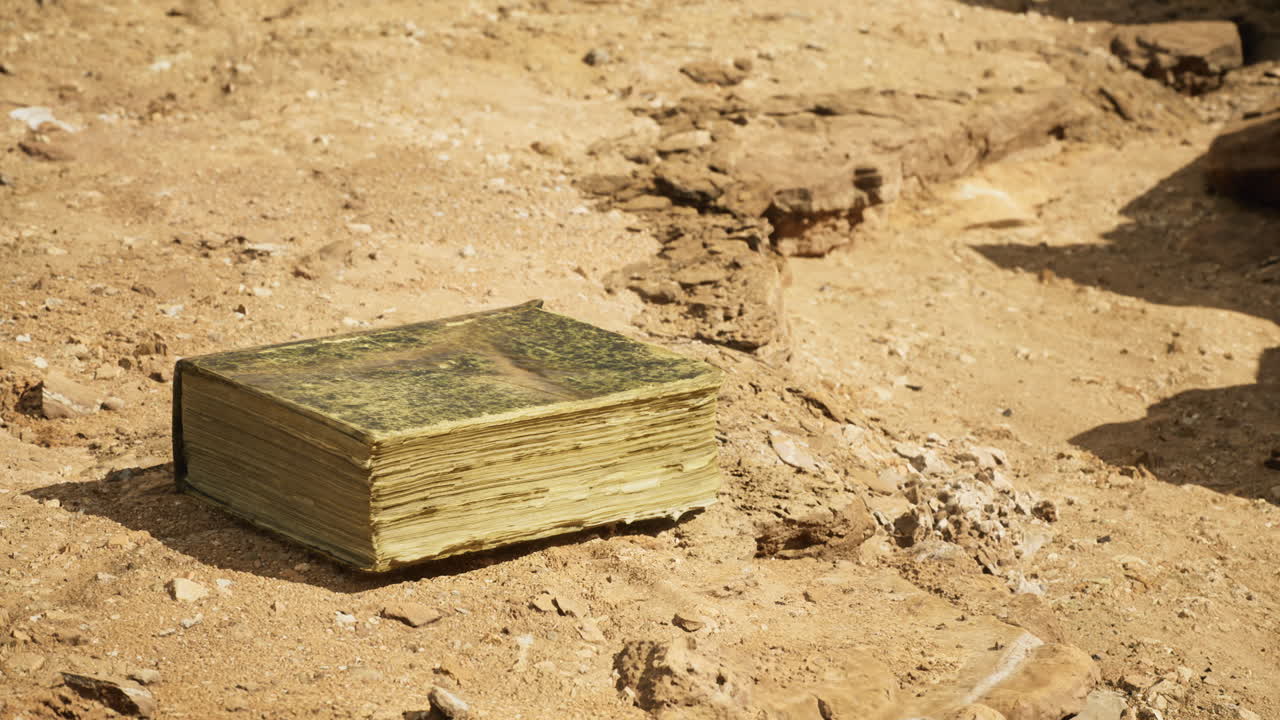 Libro antico scoperto in un paesaggio desertico che rivela i segreti della storia