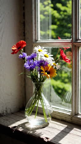 colorful wildflowers in a vase on a sunny windowsill
