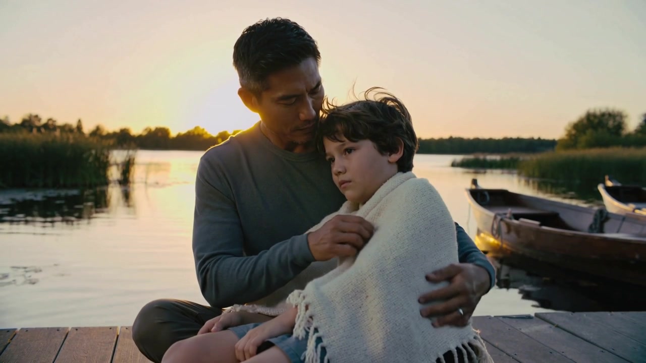 Reagendo alla brezza fresca, il padre avvolge una coperta di maglia color crema attorno al bambino sul molo del lago per scaldarlo.